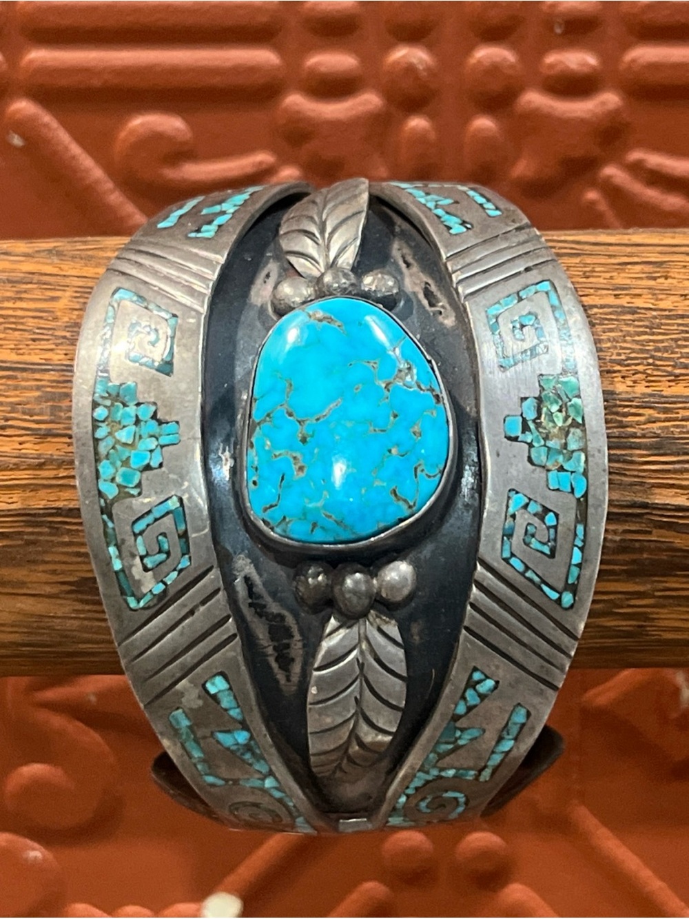 Vintage Gene Gibson Navajo Solid Silver Turquoise Inlay Cuff Bracelet